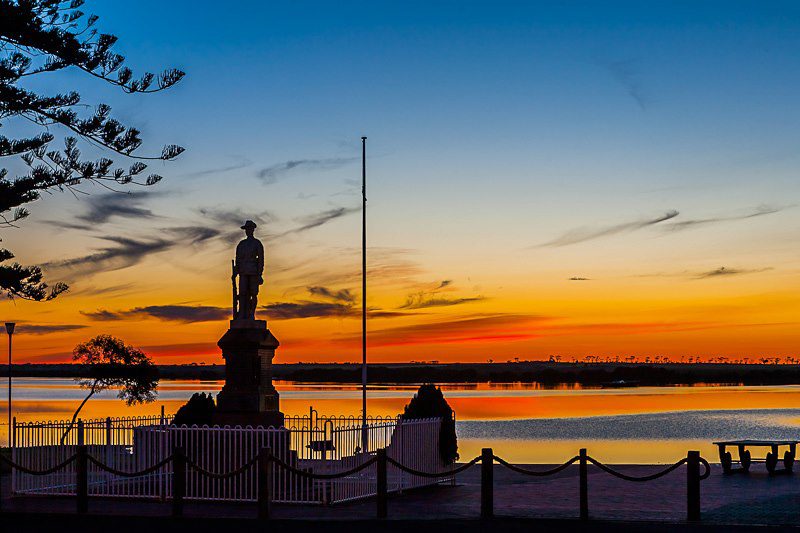 View of the Port Broughton jetty and statue at sunset